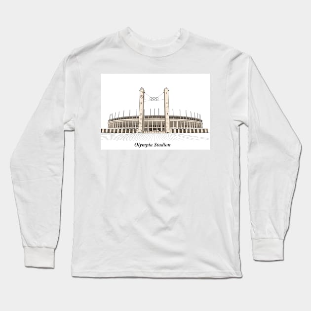 Drawing of Olympia Stadion, Berlin Germany Long Sleeve T-Shirt by Roza@Artpage